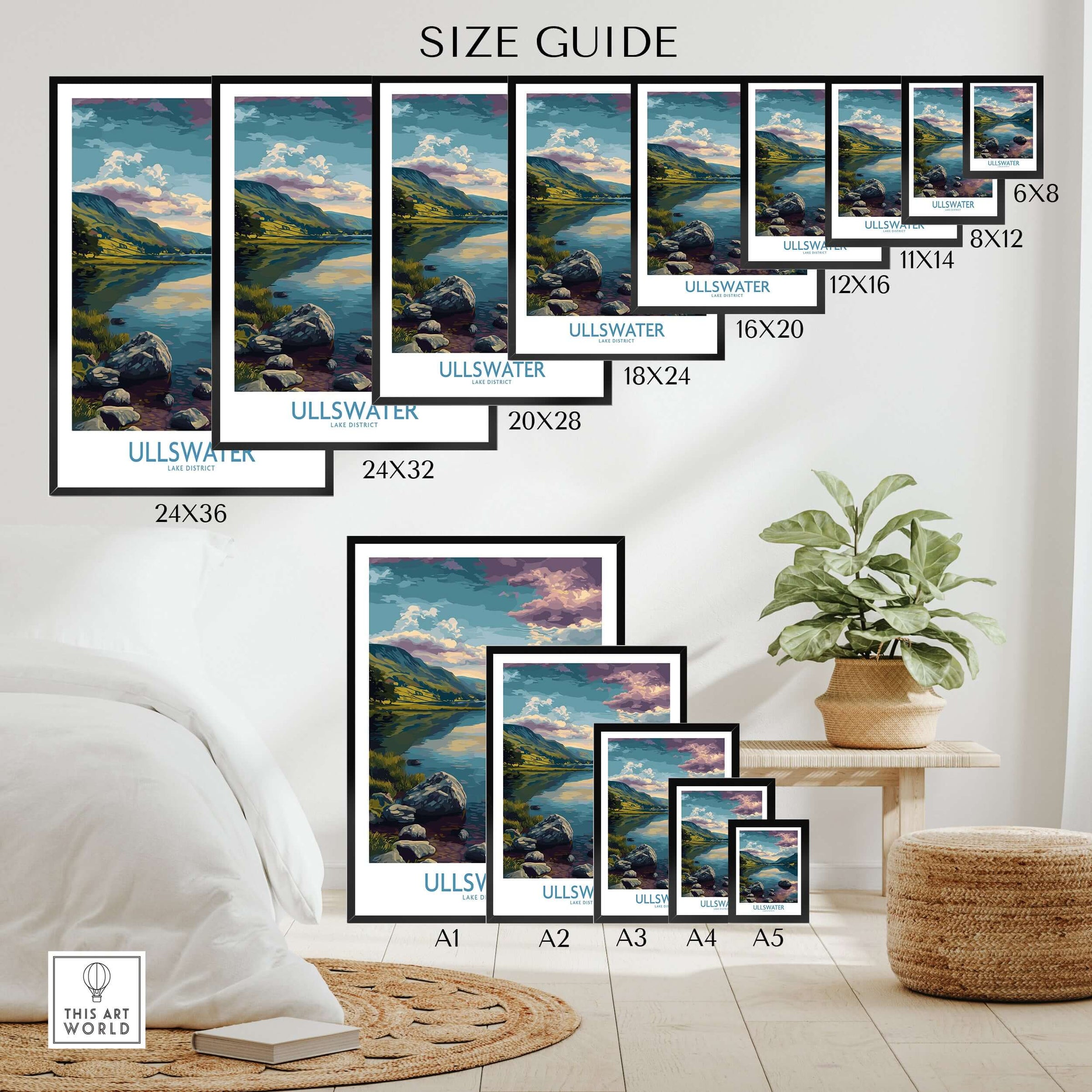 Wall art poster print size guide featuring Ullswater Lake District landscape in a modern bedroom setting.