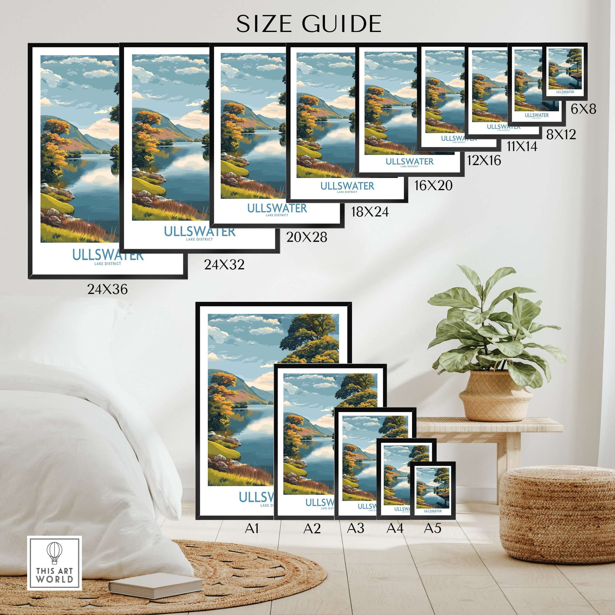 Travel poster size guide showing Ullswater lake art print in various frame sizes in a modern room.