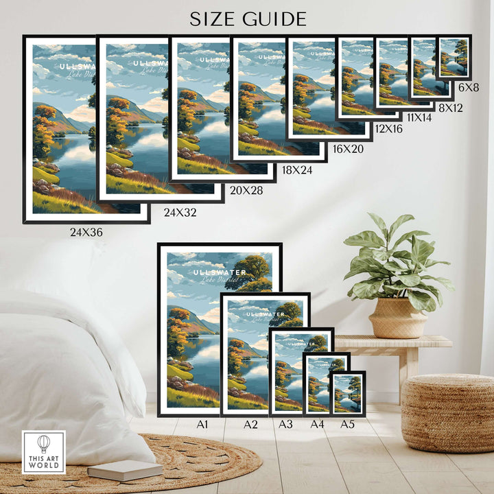 Size guide for Ullswater Lake District Green Trees Lakeside Print in various dimensions arranged in a stylish living room setting.