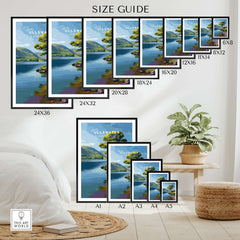 Wall art poster size guide with Ullswater lake landscape print in various frame sizes