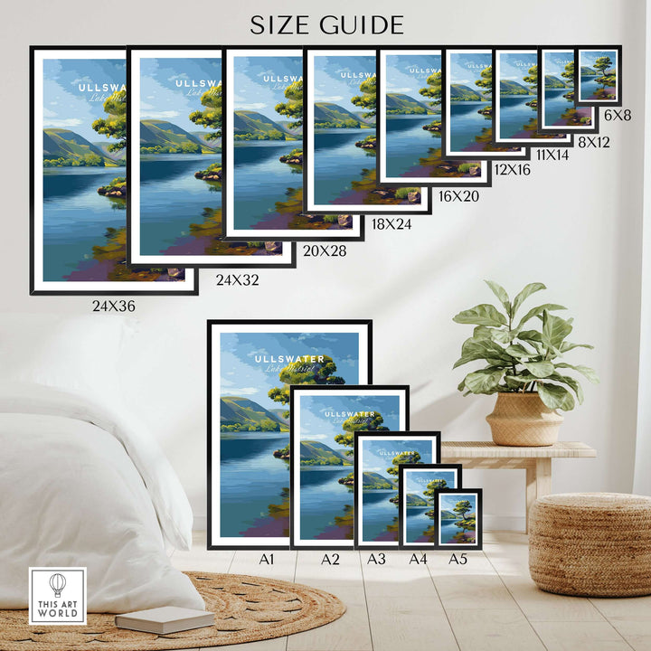 Size guide for Ullswater Lake District Solitary Tree Print showcasing various frame sizes in a home setting.