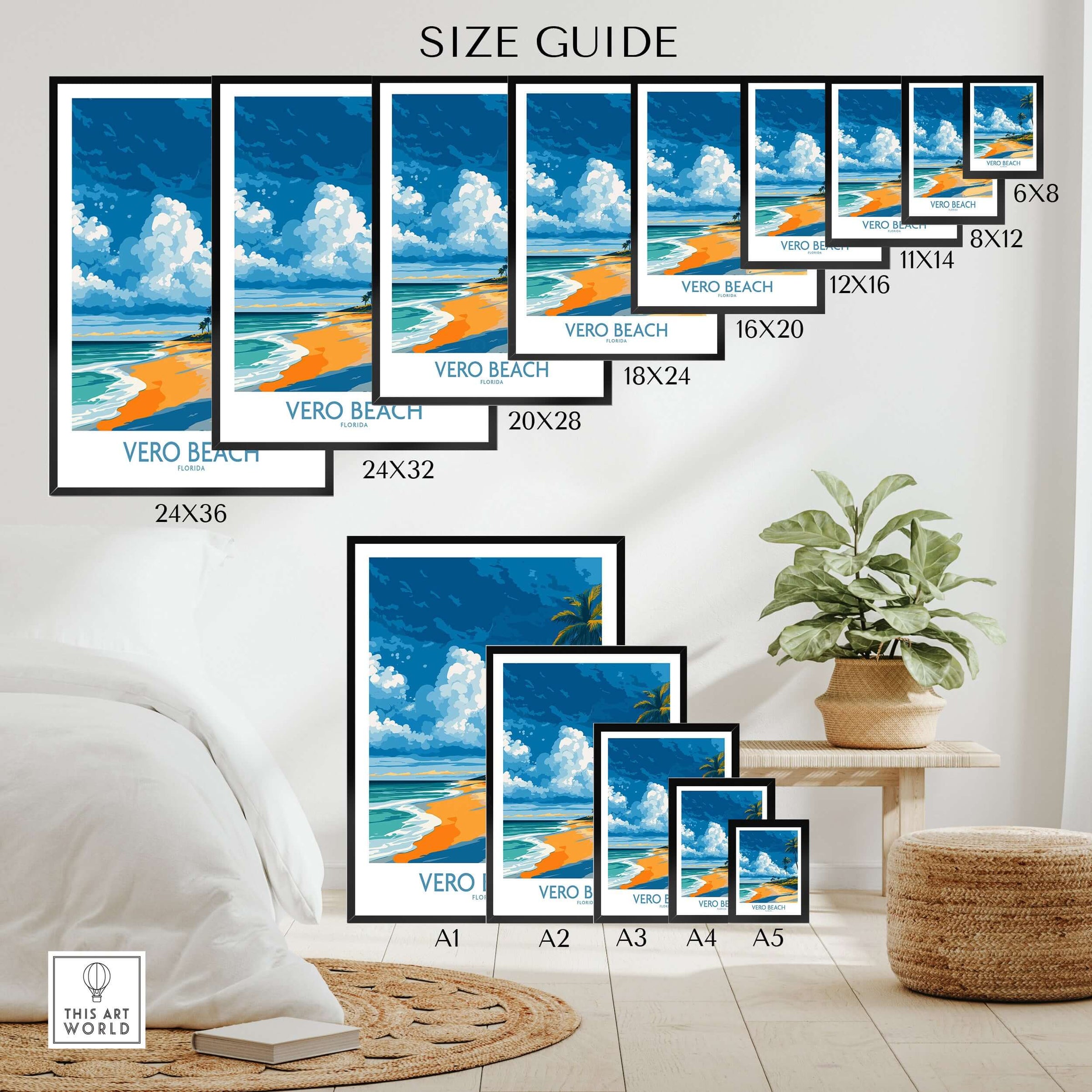 Wall art poster size guide featuring Vero Beach travel print in modern home decor setting