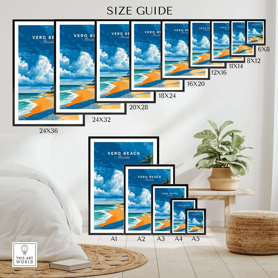 Vero Beach Florida Palm Tree Beach Poster size guide showcasing various frame sizes in a stylish living room setting.