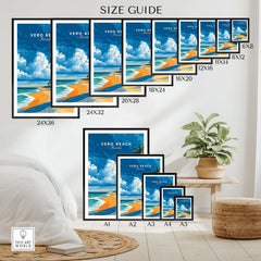 Vero Beach Florida travel poster wall art size guide with beach scene print in different frame dimensions