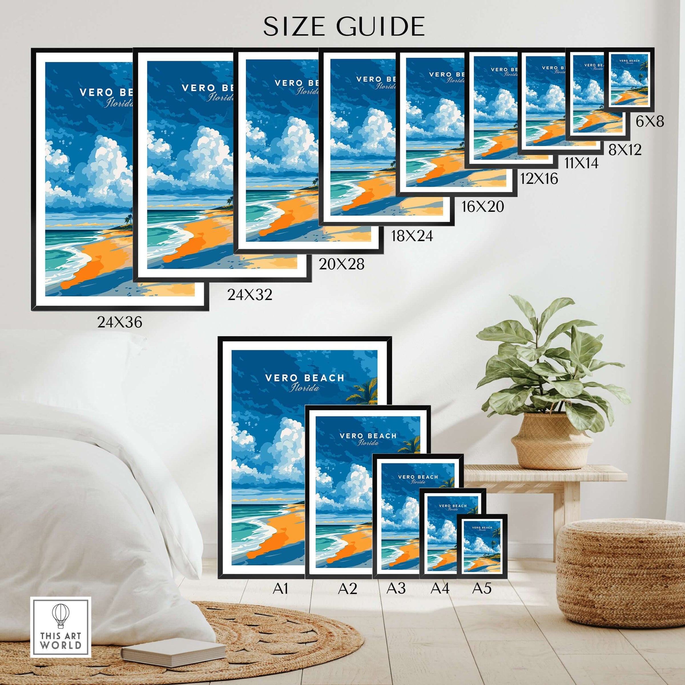 Vero Beach Florida travel poster wall art size guide with beach scene print in different frame dimensions