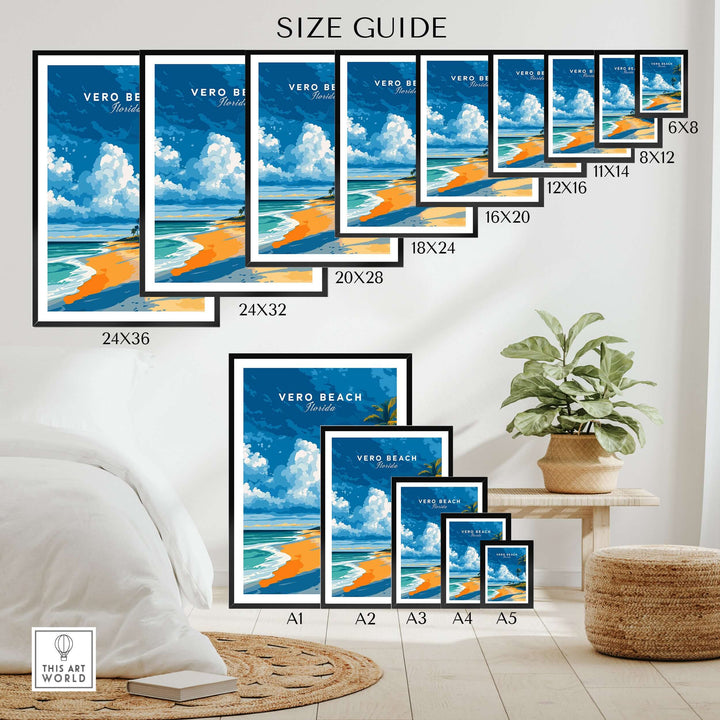 Vero Beach Florida Palm Tree Beach Poster size guide showcasing various frame sizes in a stylish living room setting.