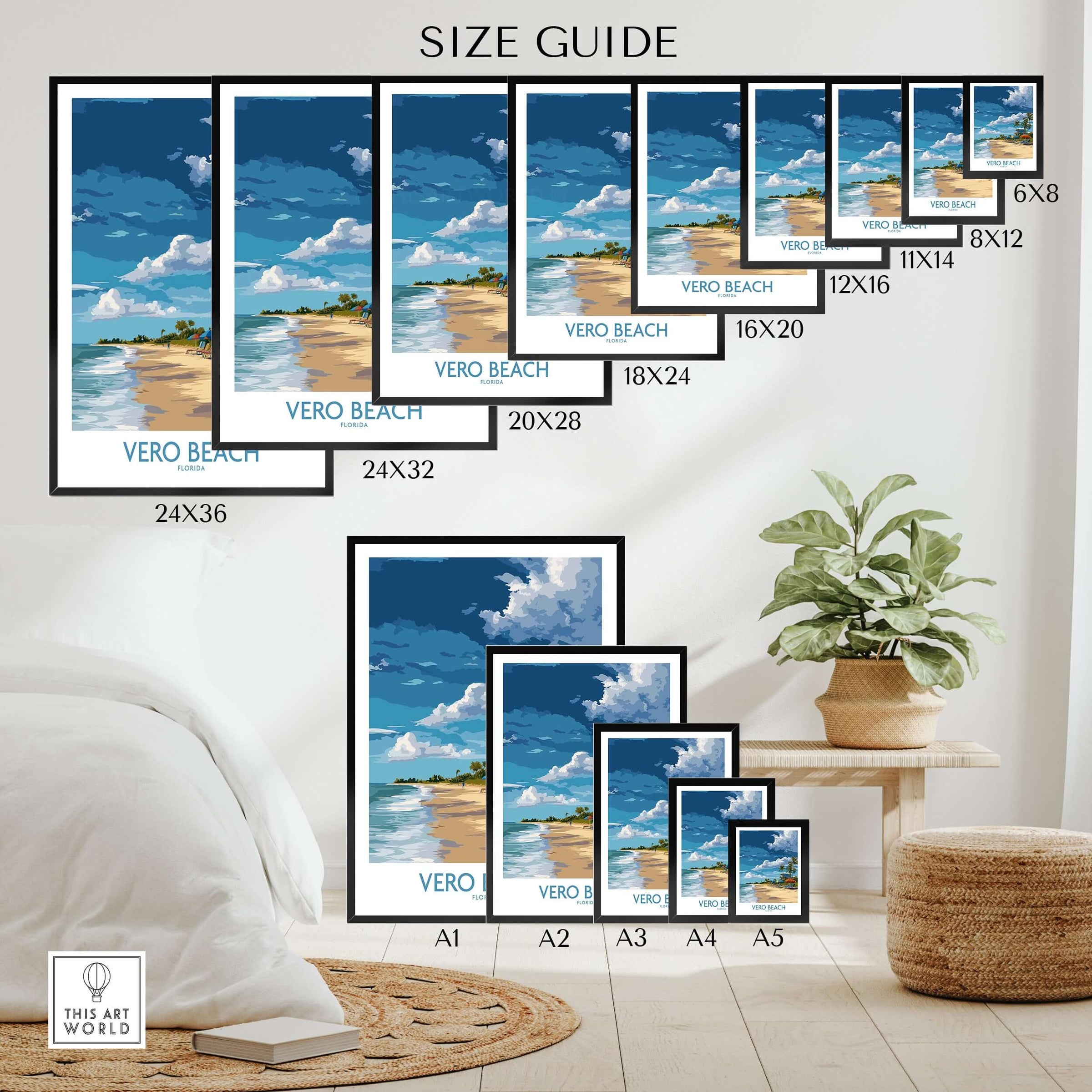 Vero Beach Florida wall art print size guide showing beach poster options in a modern room