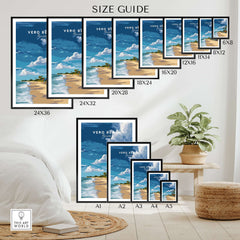 Vero Beach travel poster wall art print size guide with beach scene in multiple frame sizes.