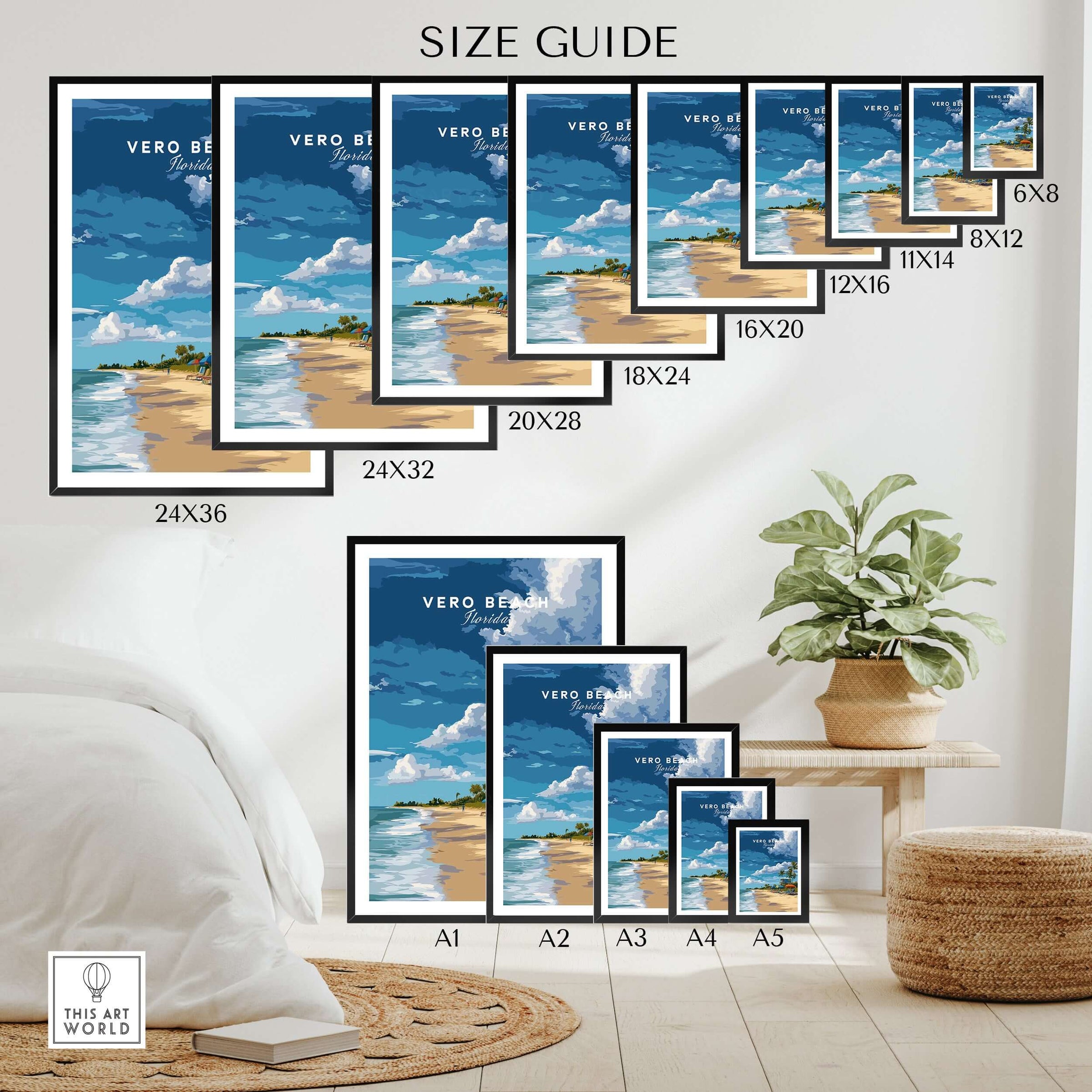 Vero Beach travel poster wall art print size guide with beach scene in multiple frame sizes.