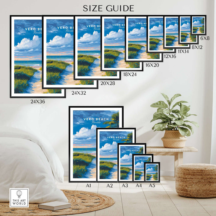 Size guide for Vero Beach Florida Path to Beach print wall art, showcasing various frame sizes.