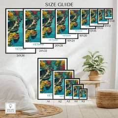 Vietnam travel poster print size guide with framed wall art featuring boats on a river, displayed in a modern bedroom setting.