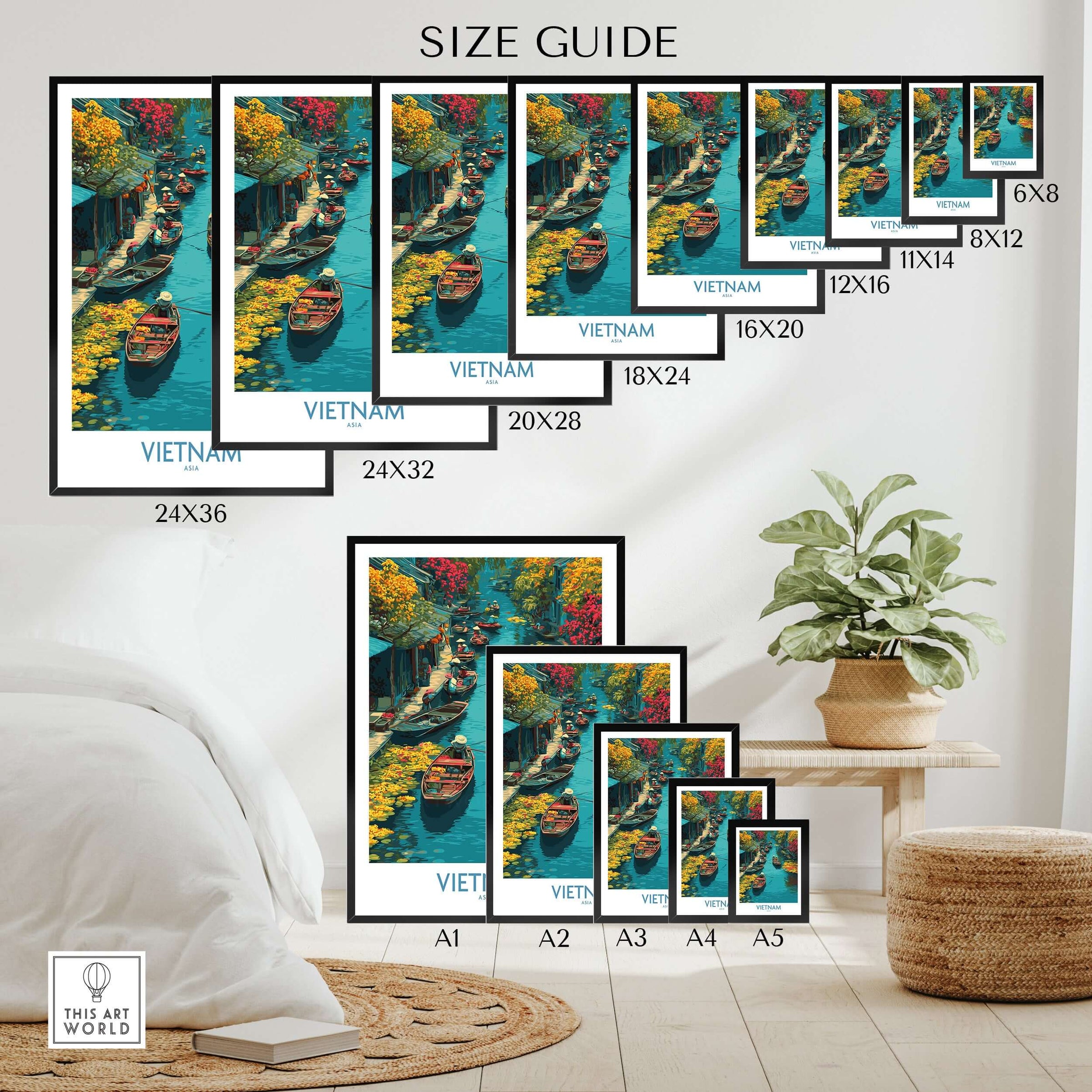 Vietnam travel poster print size guide with framed wall art featuring boats on a river, displayed in a modern bedroom setting.