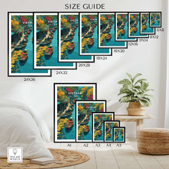 Vietnam travel poster size guide featuring colorful wall art prints with boats on a river.
