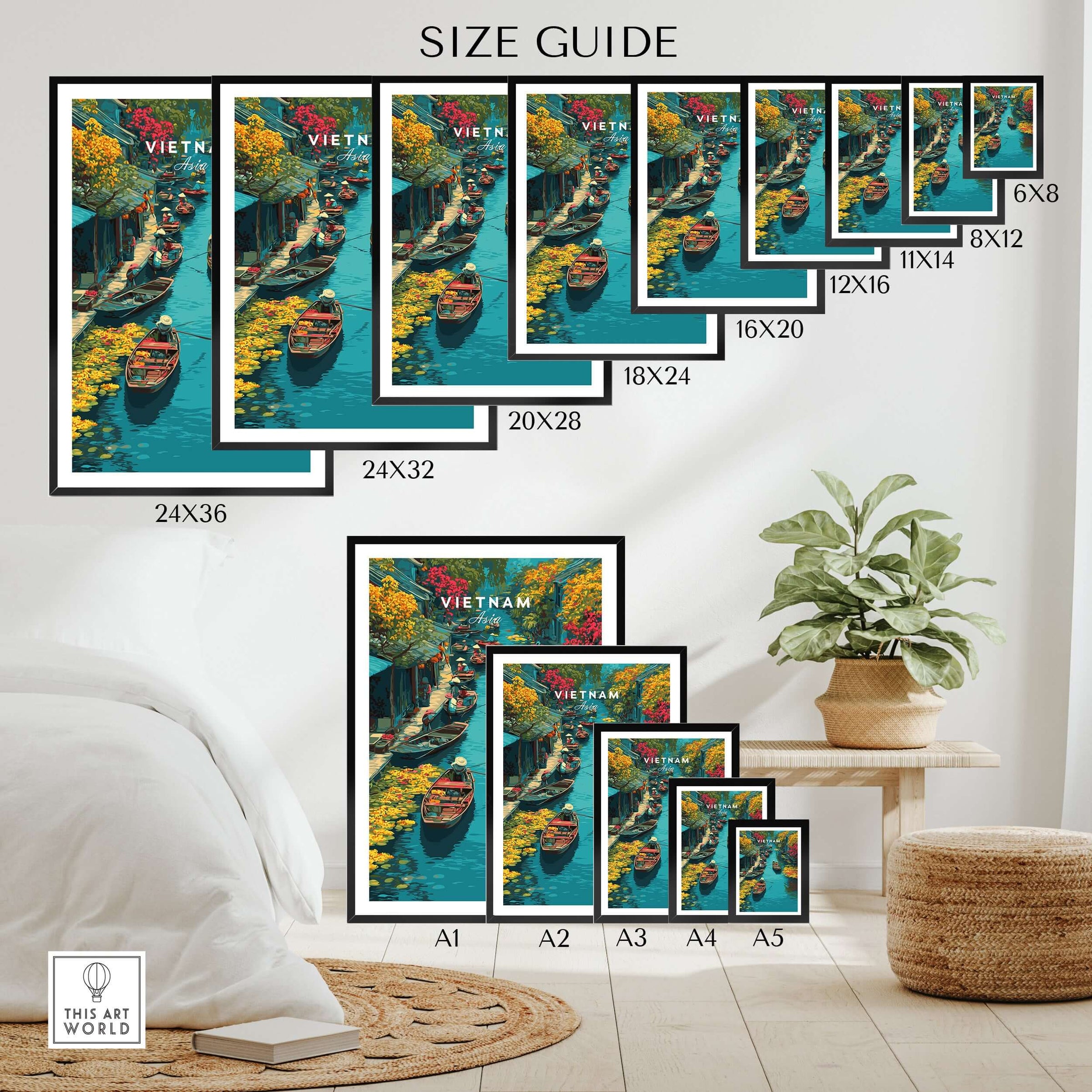 Vietnam travel poster size guide featuring colorful wall art prints with boats on a river.