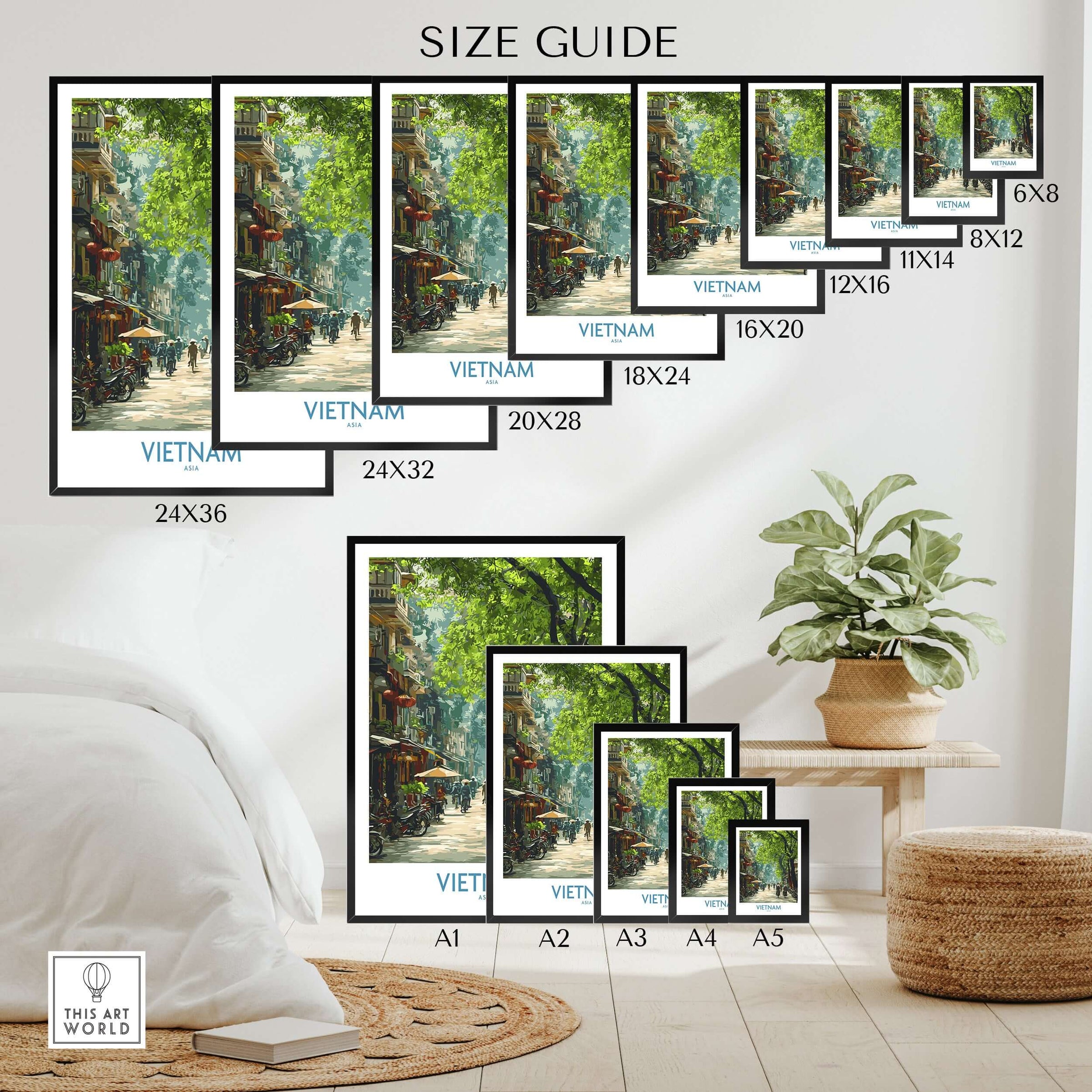 Wall art poster print size guide showing Vietnam travel print in various frame sizes, displayed above a modern bedroom interior.