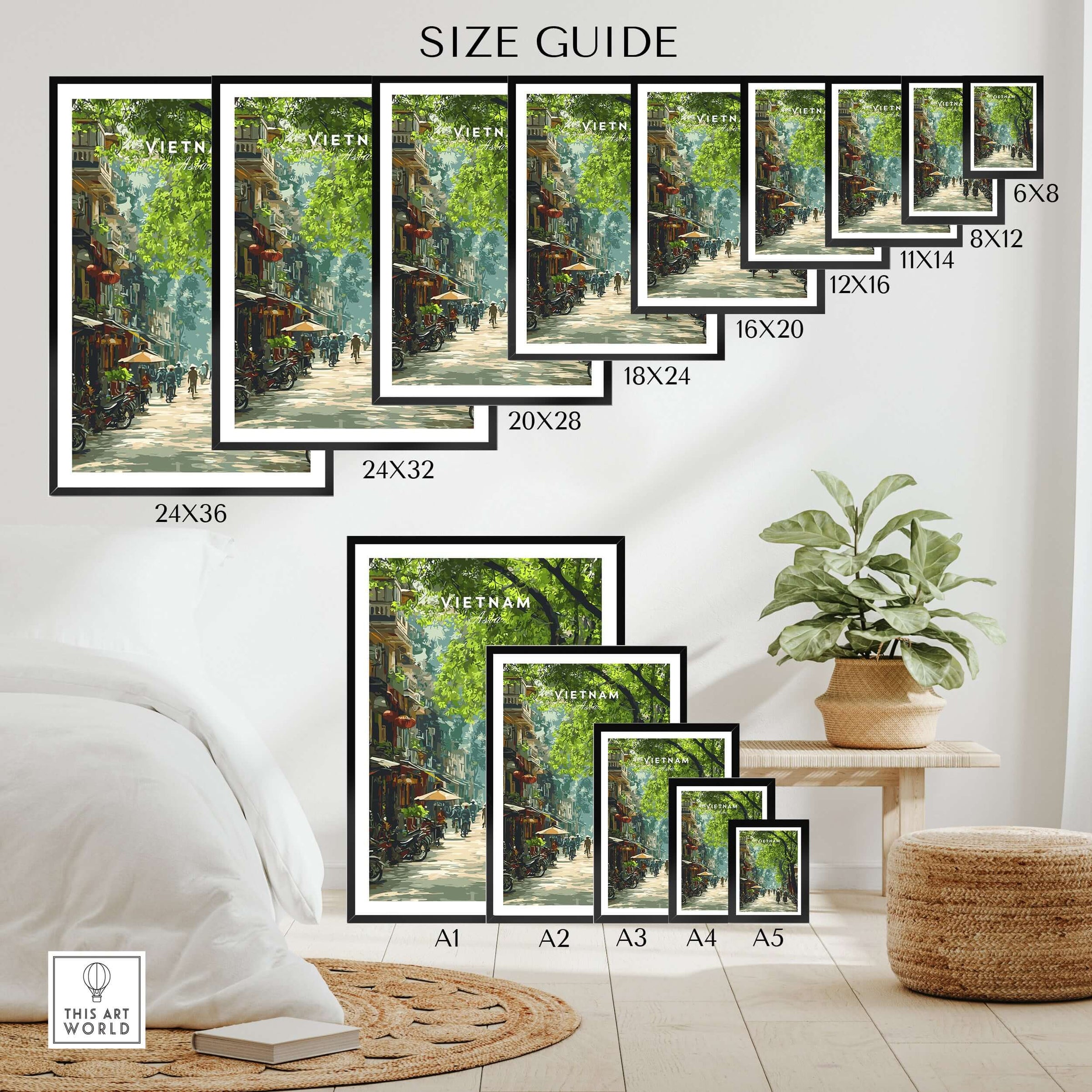 Vietnam travel poster print size guide with framed wall art in various dimensions displayed in a modern room