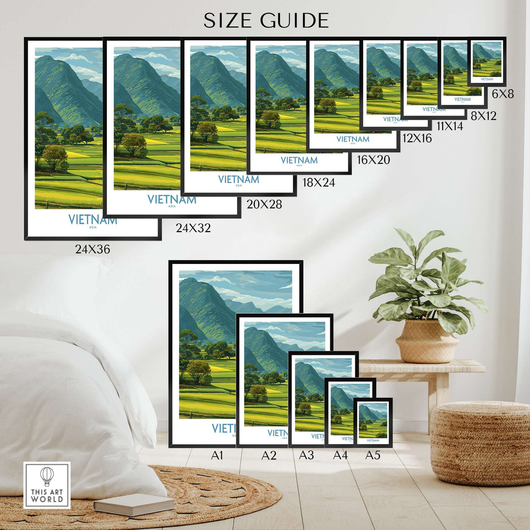 Size guide for Vietnam wall art prints showcasing various sizes of Vietnamese countryside landscape art.