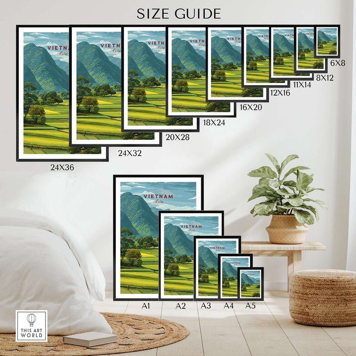 Size guide for Vietnam Rice Fields Landscape Print showcasing various frame dimensions for home decor.
