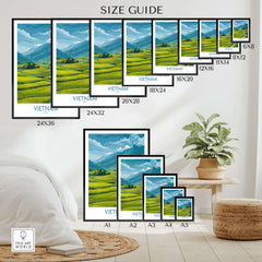 Vietnam landscape wall art poster size guide with various framed print sizes displayed in a modern room