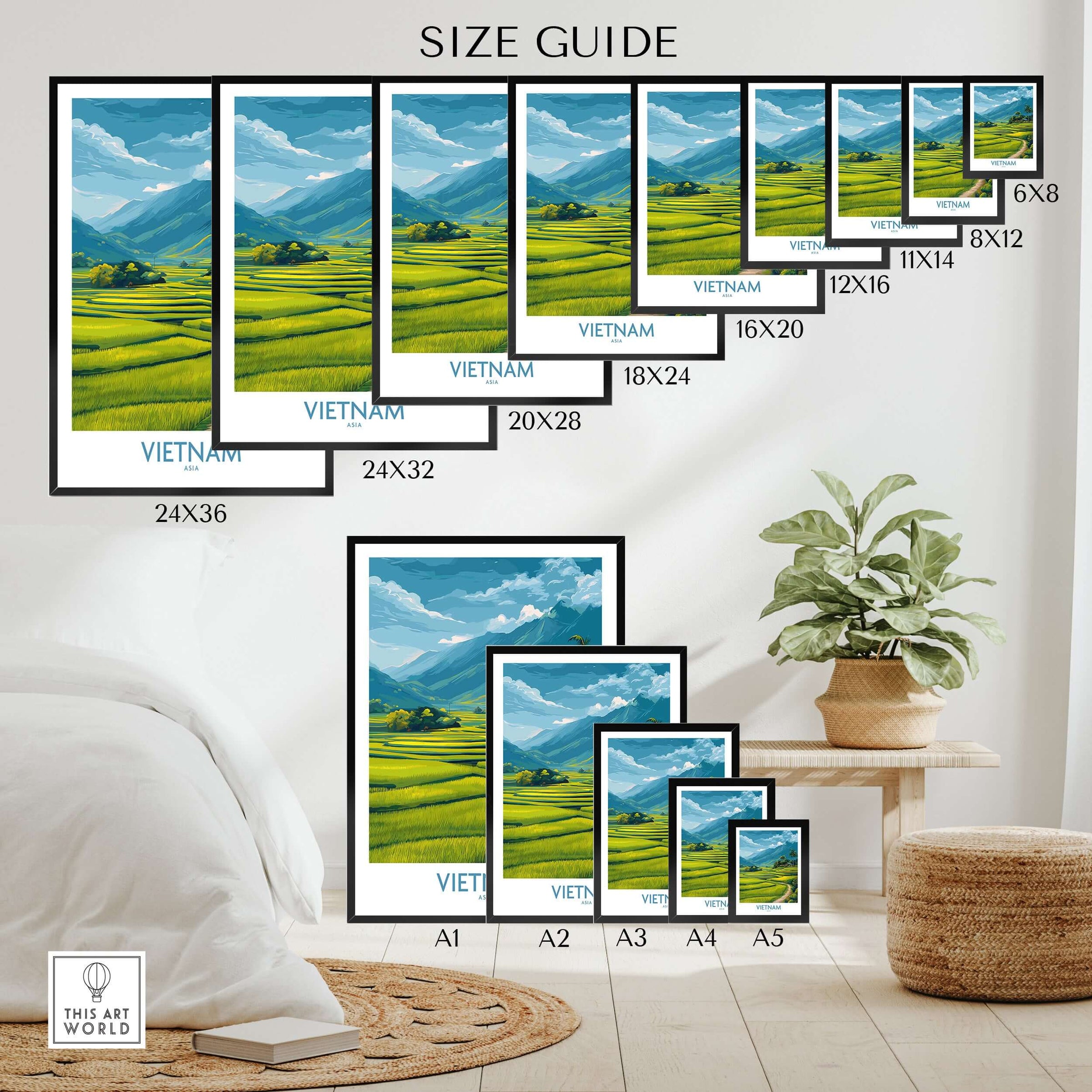 Vietnam landscape wall art poster size guide with various framed print sizes displayed in a modern room