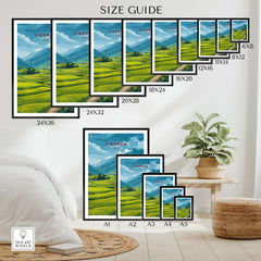 Wall art poster size guide showing Vietnam travel print with mountains and rice fields, bedroom decor.
