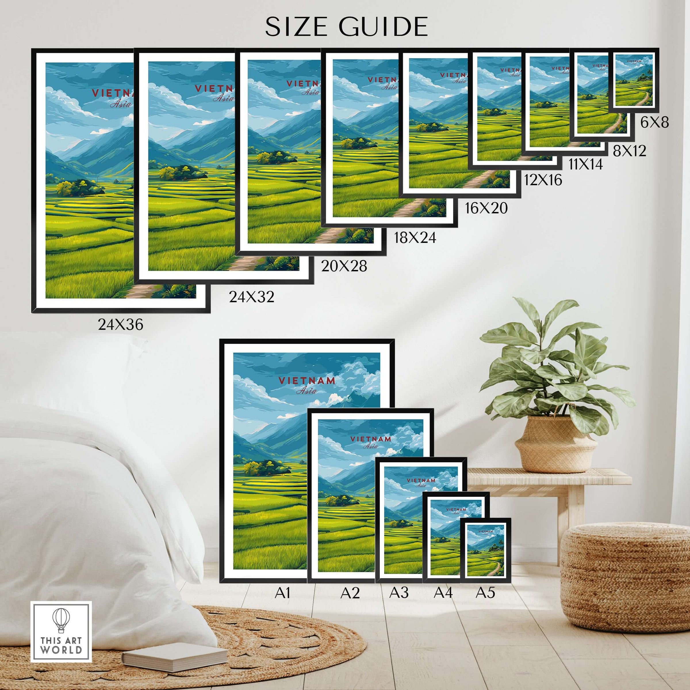 Wall art poster size guide showing Vietnam travel print with mountains and rice fields, bedroom decor.