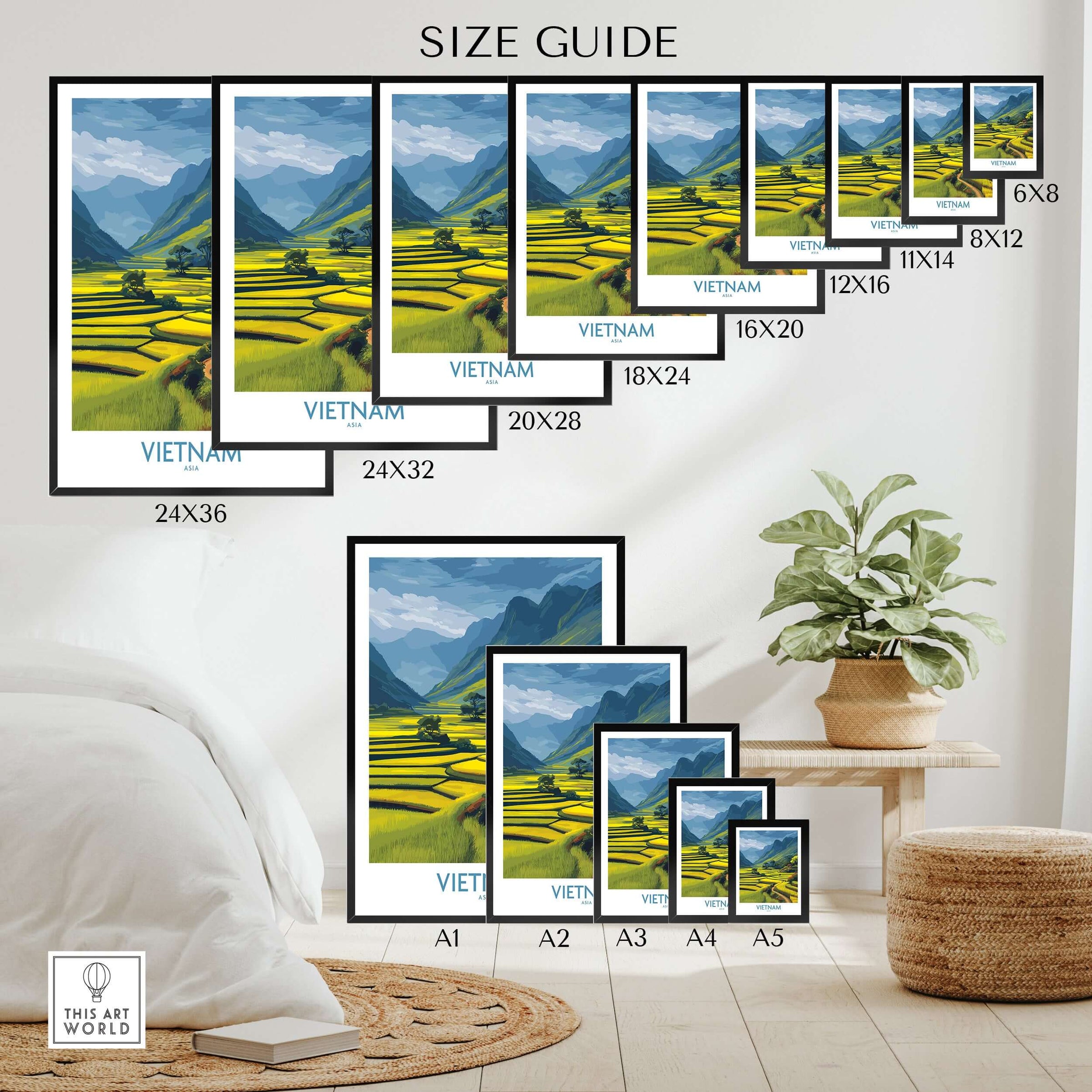 Wall art poster print size guide showing Vietnam rice terrace landscape in various frame sizes.
