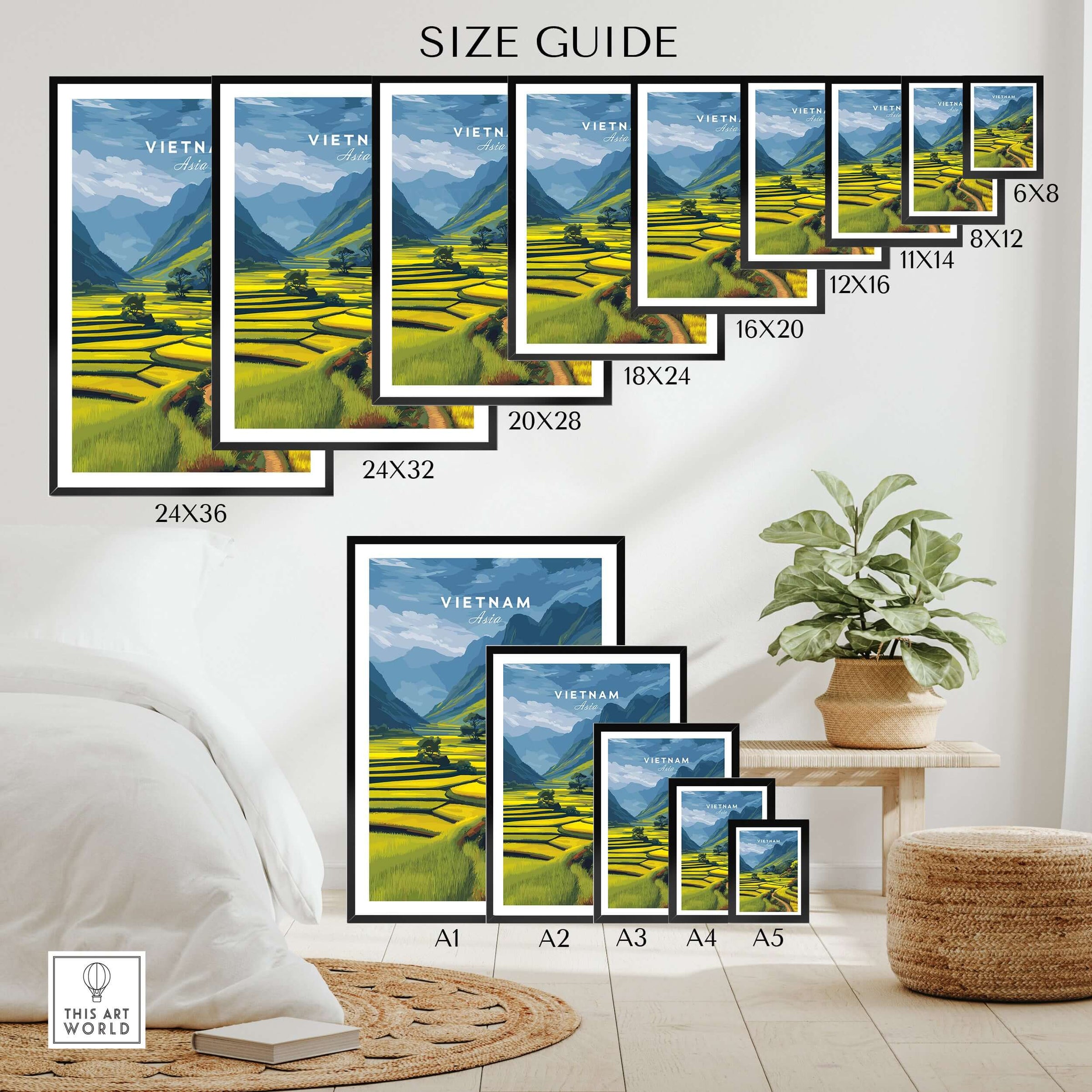Vietnam terraced rice field wall art poster size guide in modern home decor setting