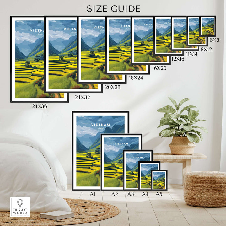 Size guide for Vietnam Rice Terraces print showcasing various frame sizes and poster designs.