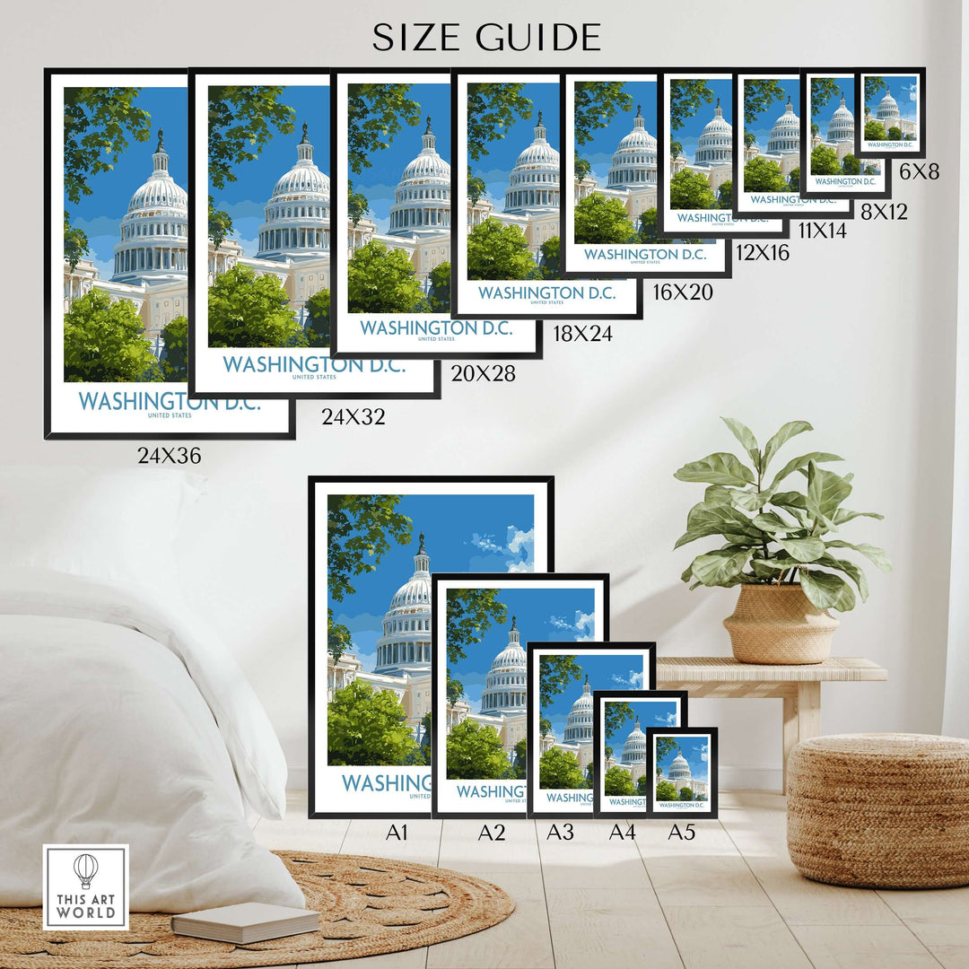 Size guide for Washington D.C. Capitol Hill poster showcasing various dimensions and framing options.
