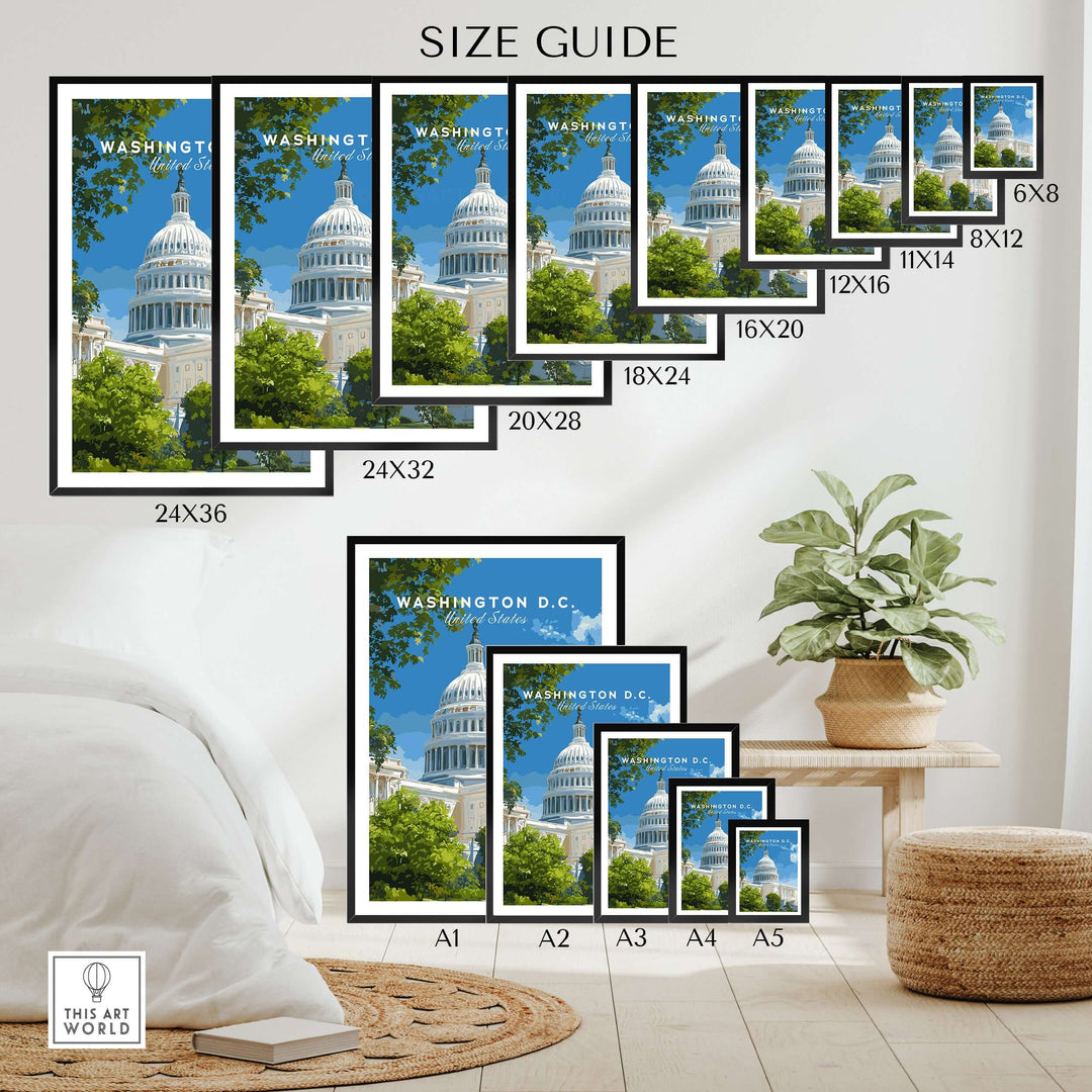 Size guide for Washington D.C. US Capitol Building prints showcasing various frame sizes.