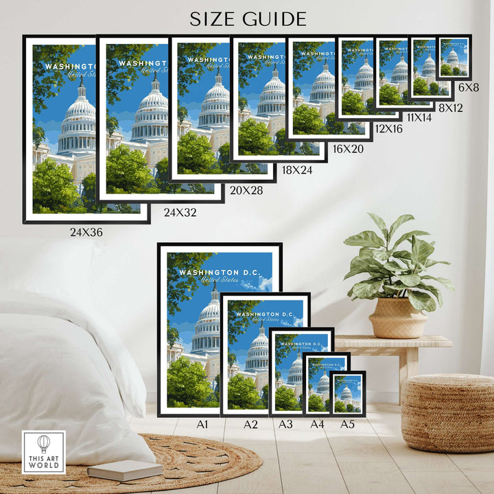 Size guide for Washington D.C. US Capitol Building prints showcasing various frame sizes.