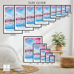 Washington DC wall art poster size guide with cherry blossoms and cityscape in various print sizes