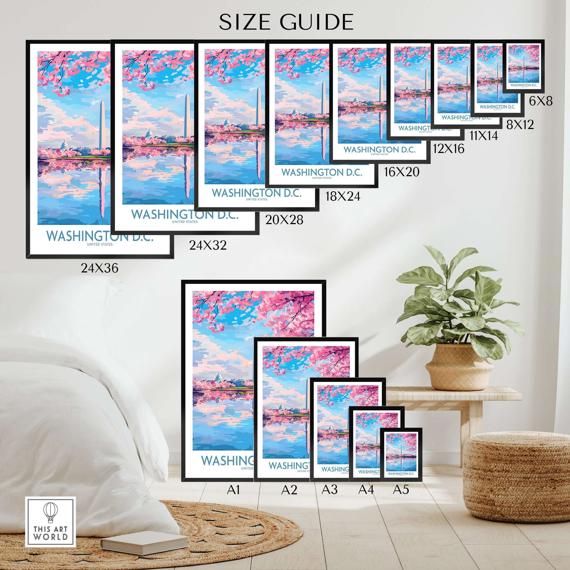 Washington DC wall art poster size guide with cherry blossoms and cityscape in various print sizes