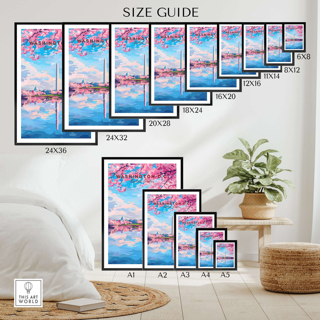 Size guide for Washington D.C. Cherry Blossom poster, showcasing various frame sizes and a stylish interior setting.