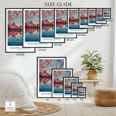 Washington DC skyline wall art poster print size guide with cherry blossoms, various frame sizes displayed in a modern room setting.
