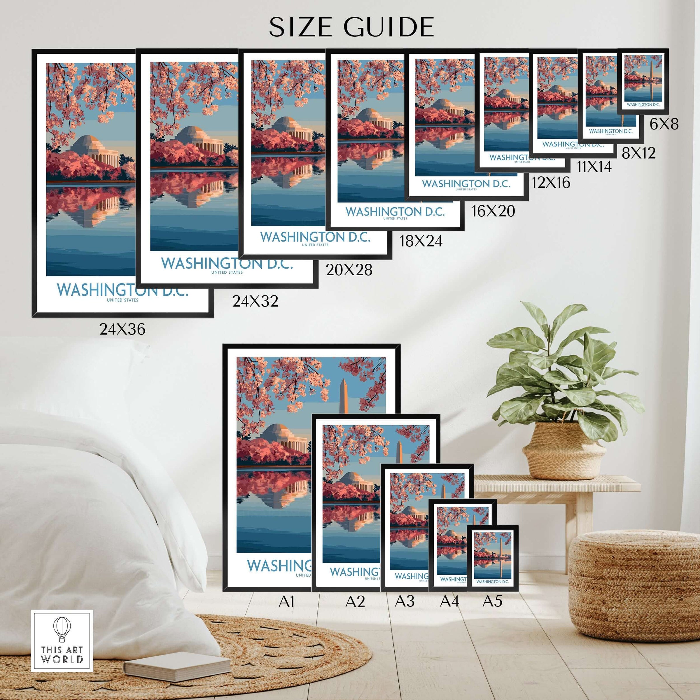 Washington DC skyline wall art poster print size guide with cherry blossoms, various frame sizes displayed in a modern room setting.