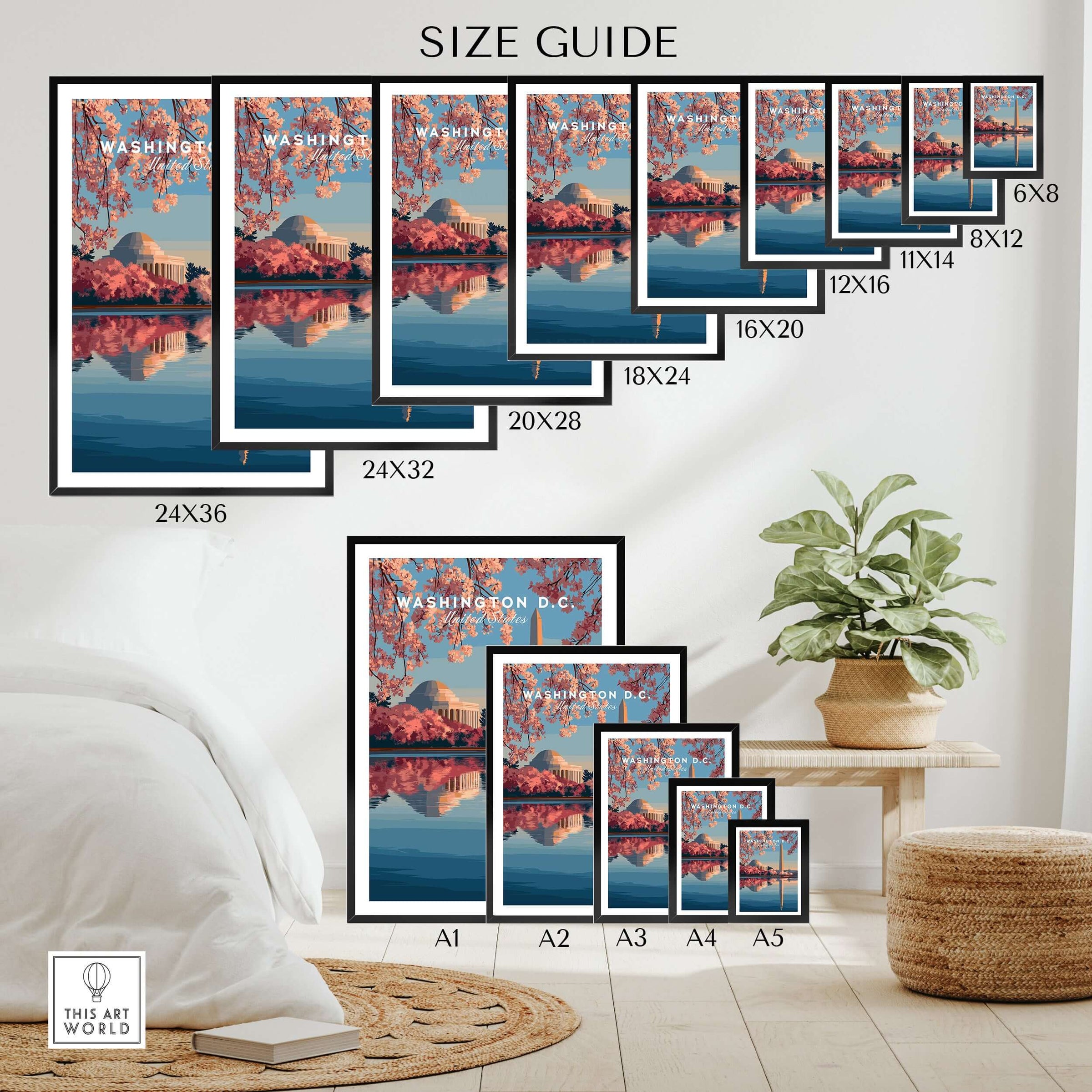 Washington DC cherry blossoms wall art poster size guide in modern bedroom setting