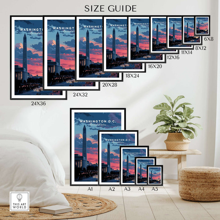 Size guide for Washington D.C. wall art posters featuring the Washington Monument at sunset in various frame sizes.
