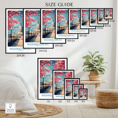 Washington D.C. poster size guide featuring cherry blossoms and Capitol wall art in various frame sizes.