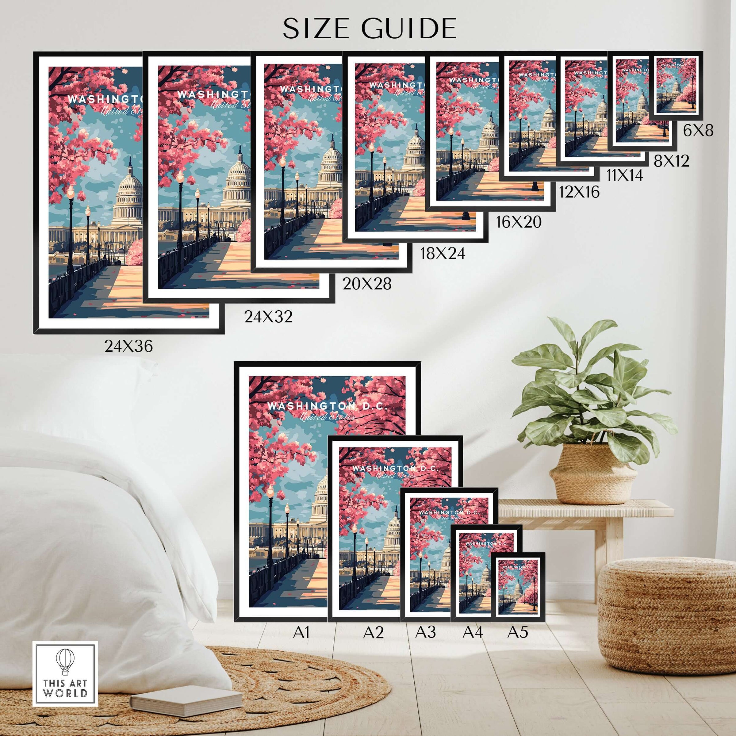 Washington DC wall art poster size guide with cherry blossoms and Capitol building, various framed print sizes displayed above bedroom decor.