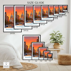 Washington D.C. travel poster wall art size guide with vibrant city sunset, multiple print sizes displayed in a modern room.