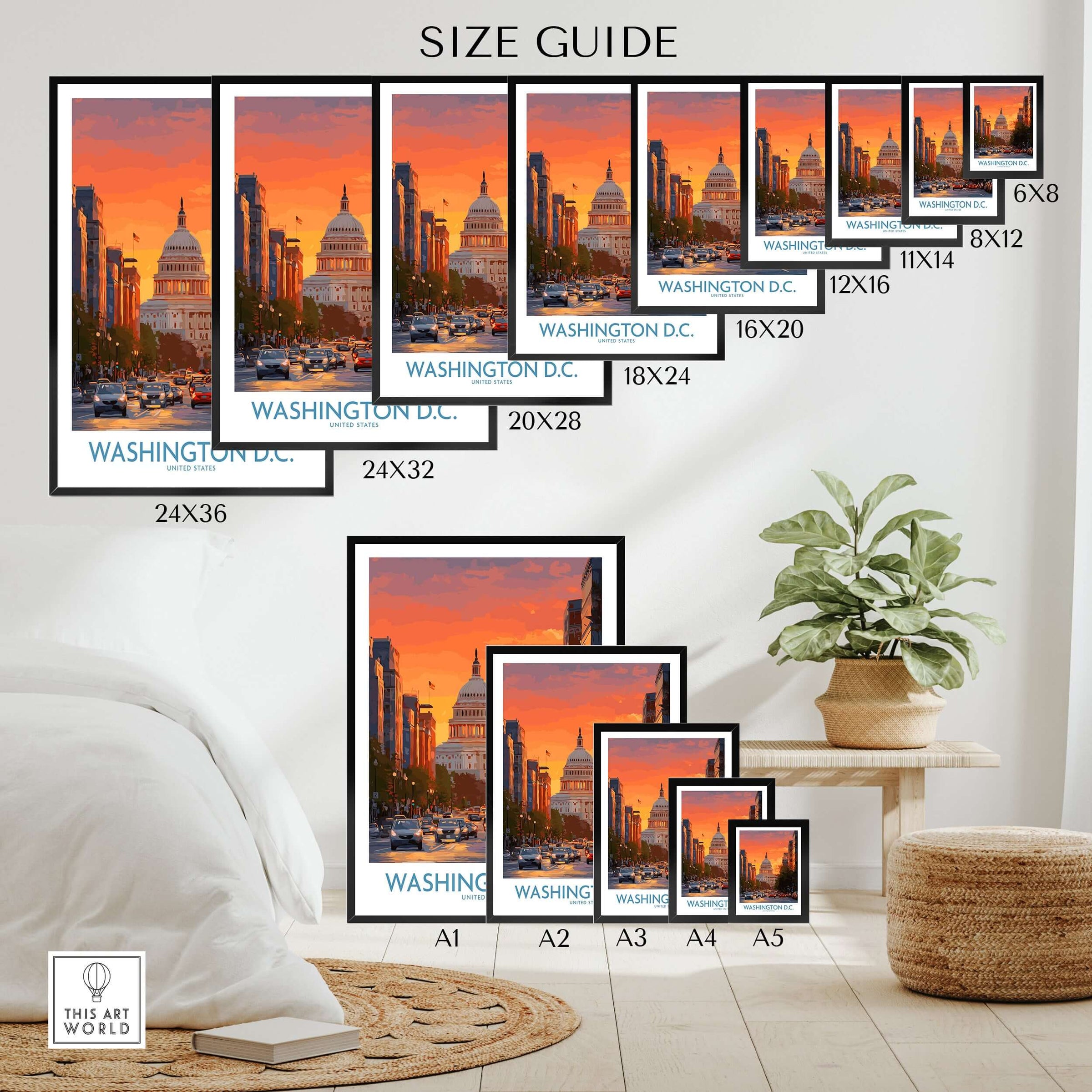 Washington D.C. travel poster wall art size guide with vibrant city sunset, multiple print sizes displayed in a modern room.