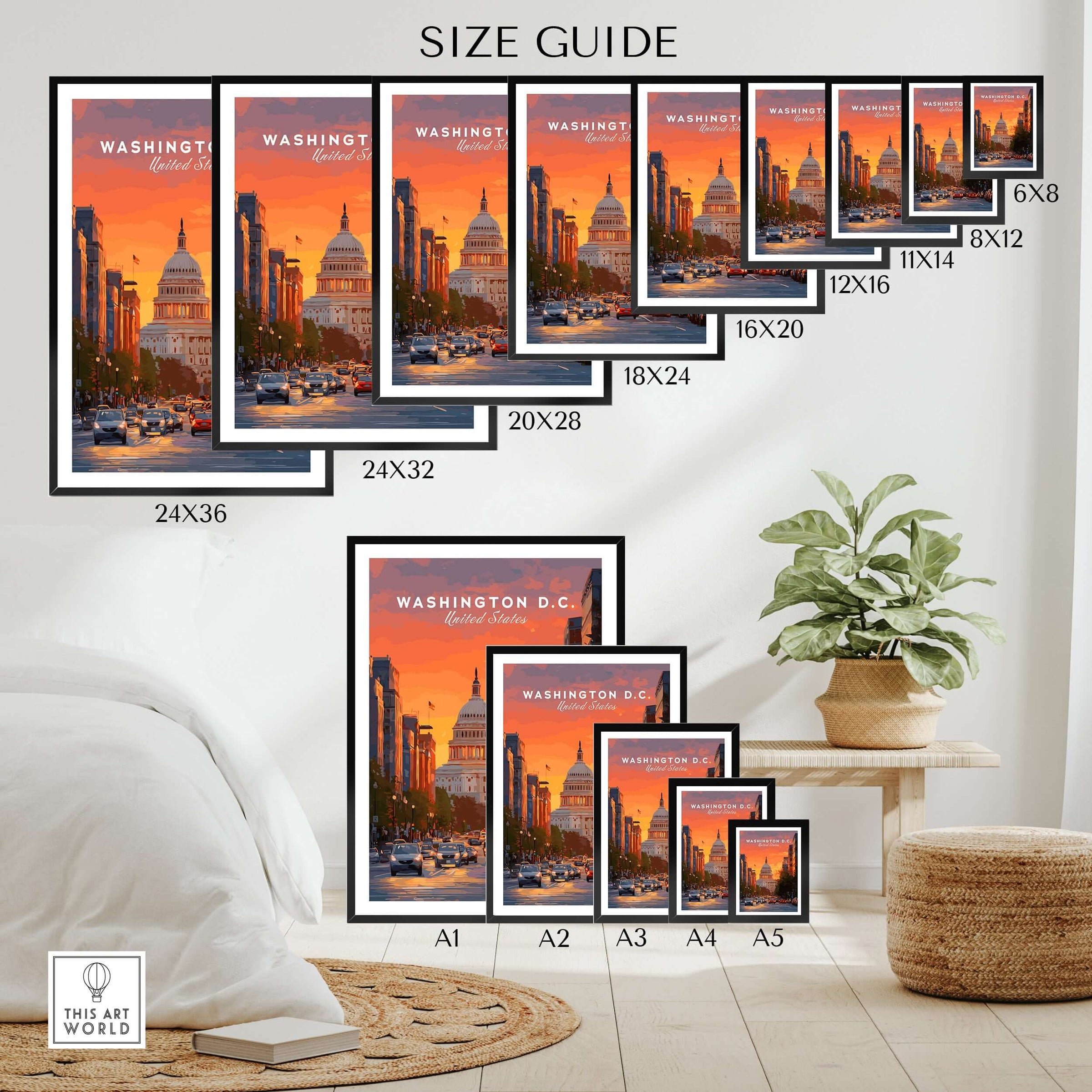 Washington DC wall art poster print size guide with framed cityscape artwork on modern bedroom wall