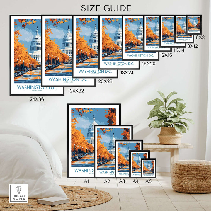 Size guide for Washington D.C. Capitol Building poster in various frame sizes with decorative elements.