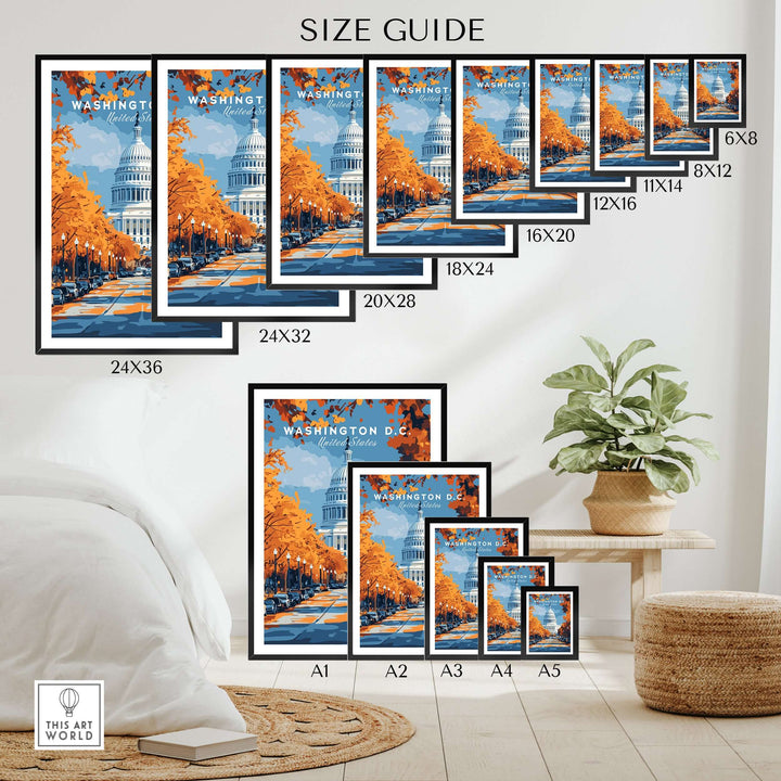 Size guide for Washington D.C. Autumn Capitol View print showcasing various frame sizes in a cozy setting.
