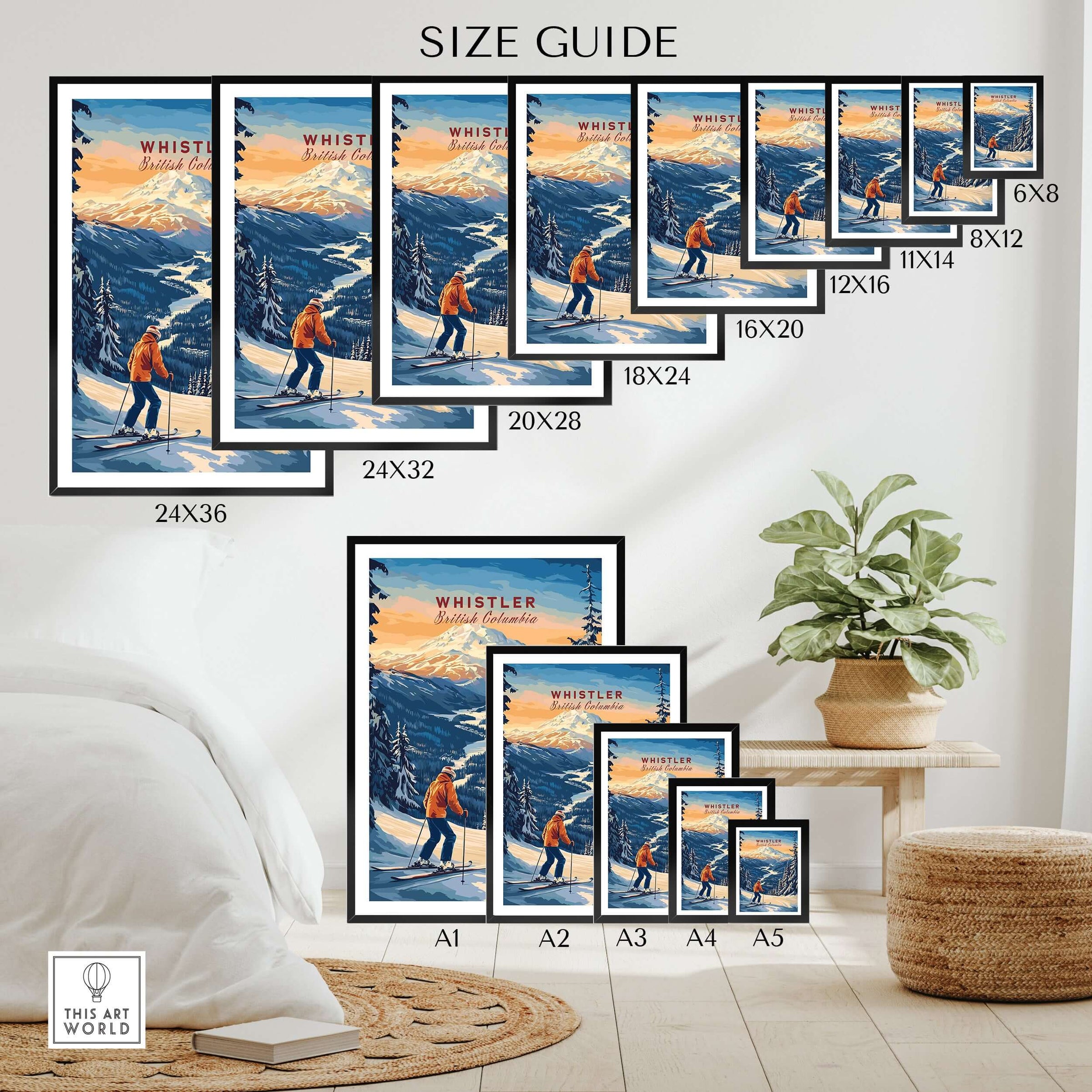 Size guide for Whistler Travel Poster showcasing various frame sizes in a cozy living room setting.