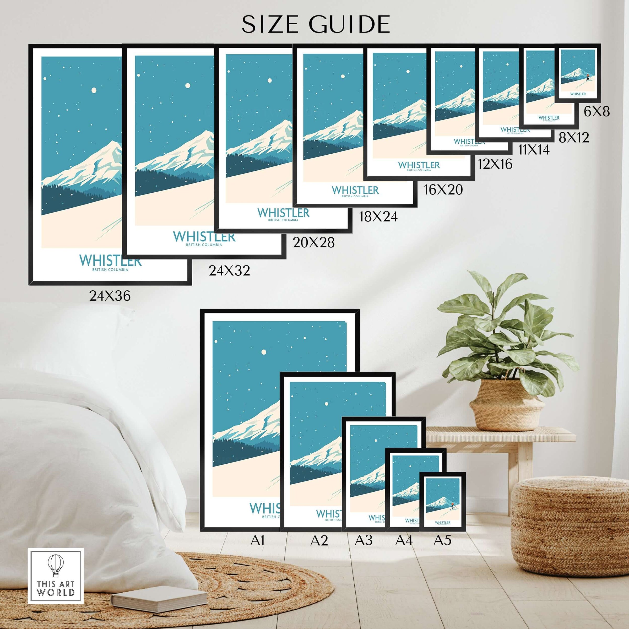Whistler Wall Art Print size guide showcasing various dimensions with a modern interior backdrop.