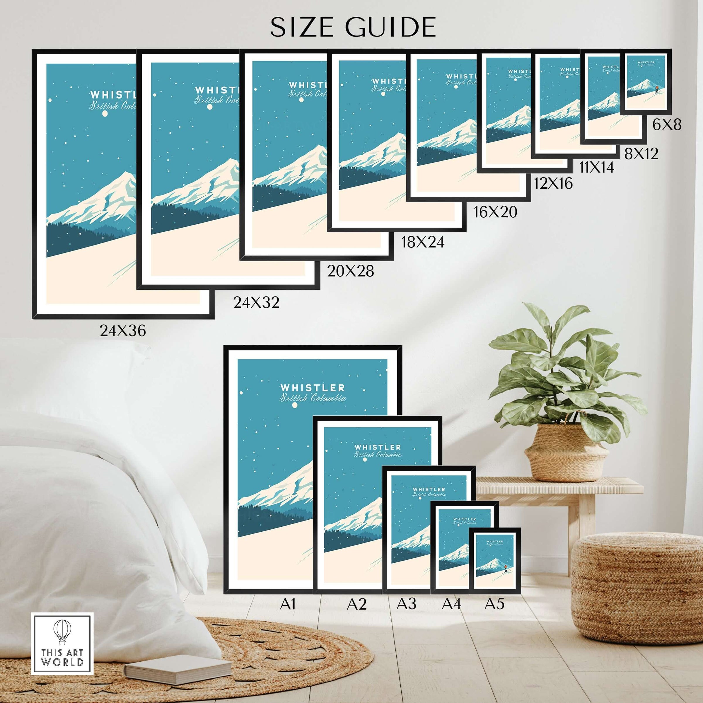 Size guide for Whistler Ski Poster showcasing various frame sizes and design features.