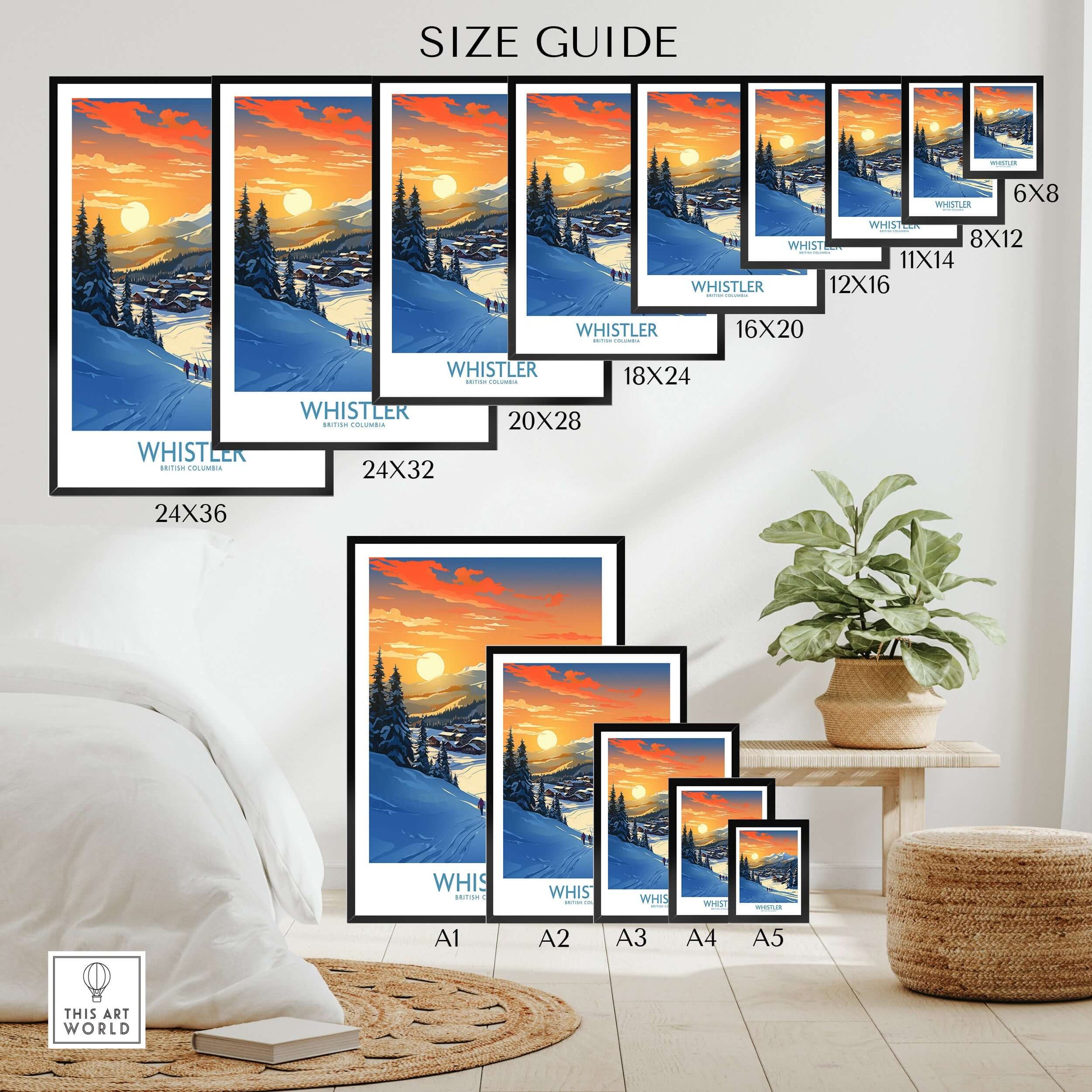 Whistler Wall Art Ski Poster size guide showcasing landscape prints for home decor options.